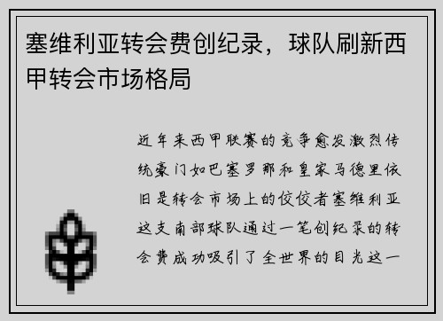 塞维利亚转会费创纪录，球队刷新西甲转会市场格局